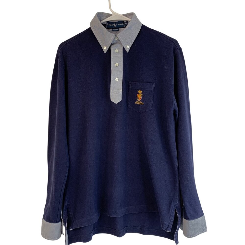 Vintage Mens M Ralph Lauren Polo Shirt M Bleecker Crest Long Sleeve Navy